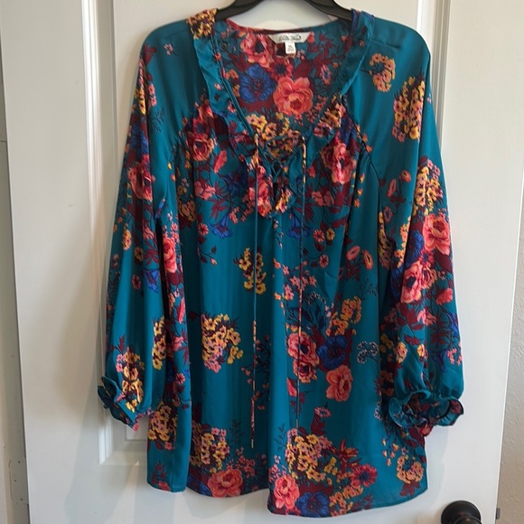 Floral Lace-Up Blouse • Teal Multicolor Print • XXL • Fall Fashion • Boho Chic - Picture 1 of 3